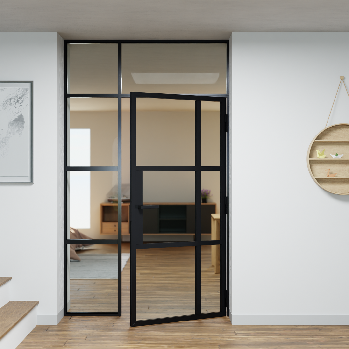 LoftTueren.shop - Lofttür LOFT10 mit Oberlicht und Seitenteil links - offen