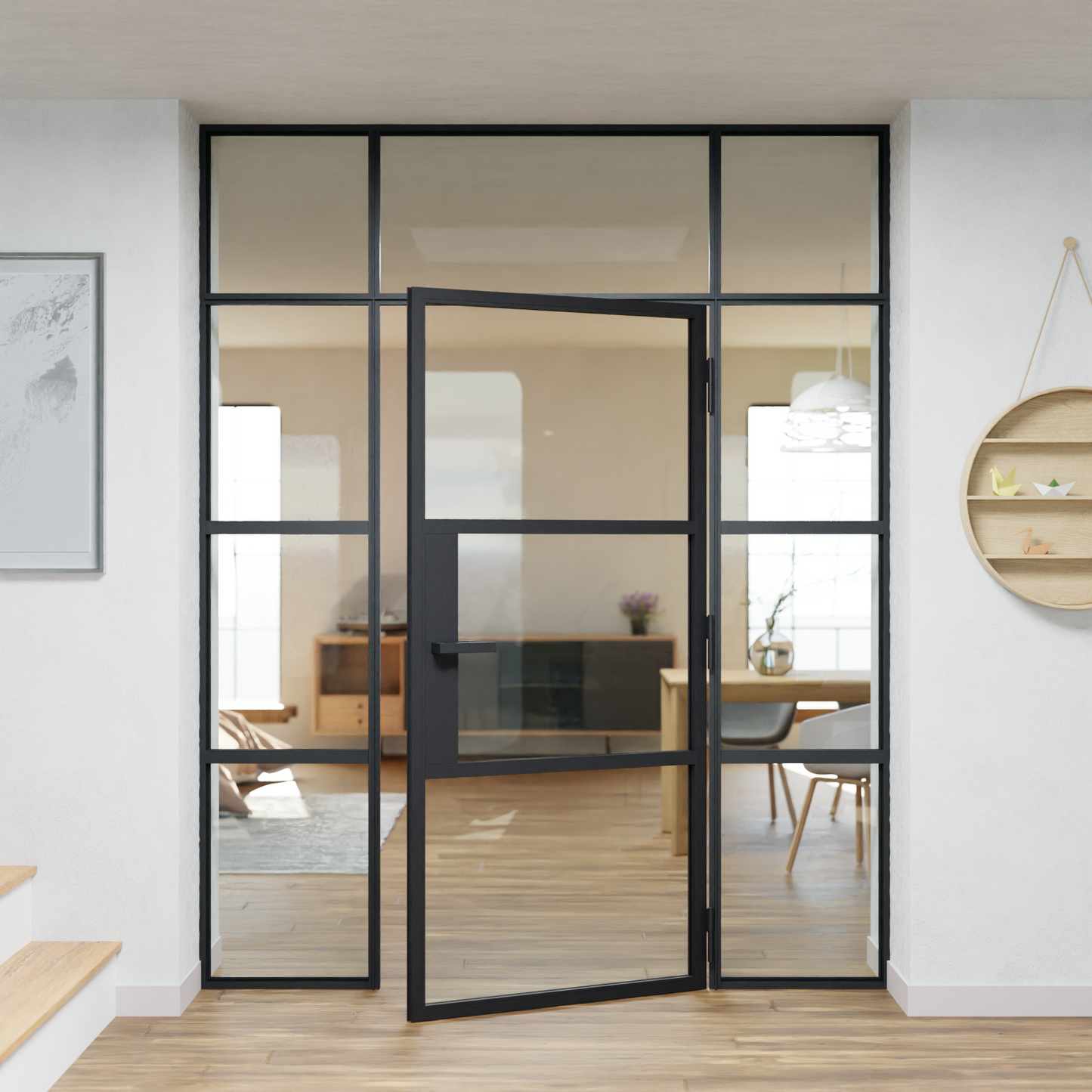 LoftTueren.shop - Lofttür LOFT3 inkl. Oberlicht und Seitenteil links & rechts - offen