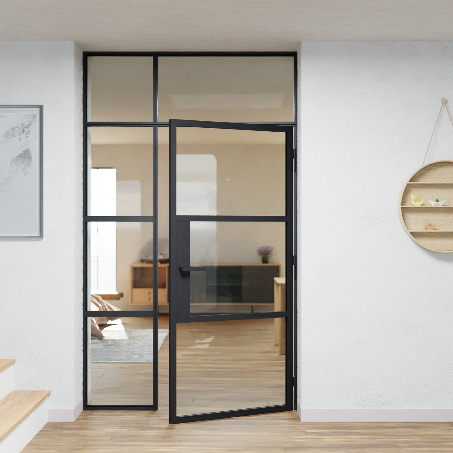 LoftTueren.shop - Lofttür LOFT3 mit Oberlicht und Seitenteil links - offen