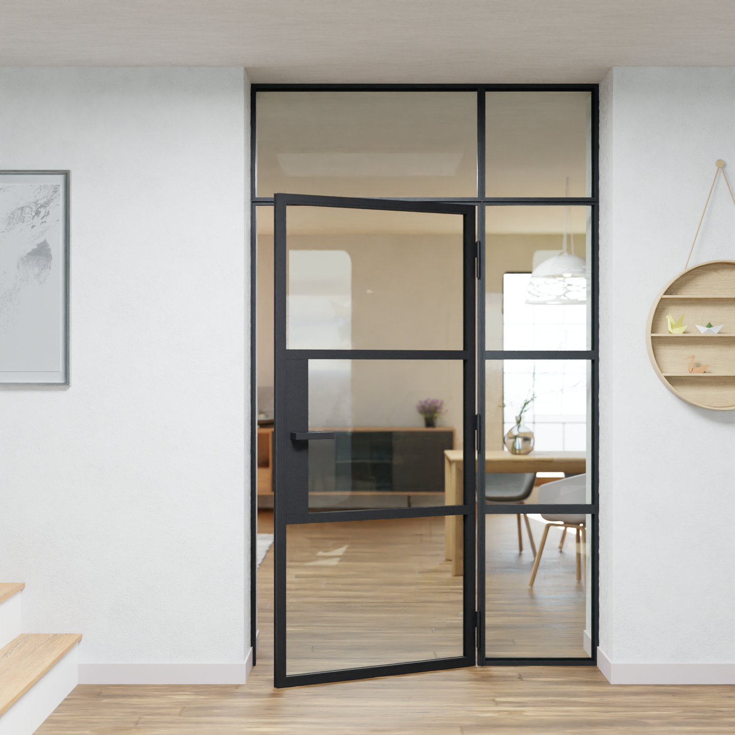 LoftTueren.shop - Lofttür LOFT3 mit Oberlicht und Seitenteil rechts - offen