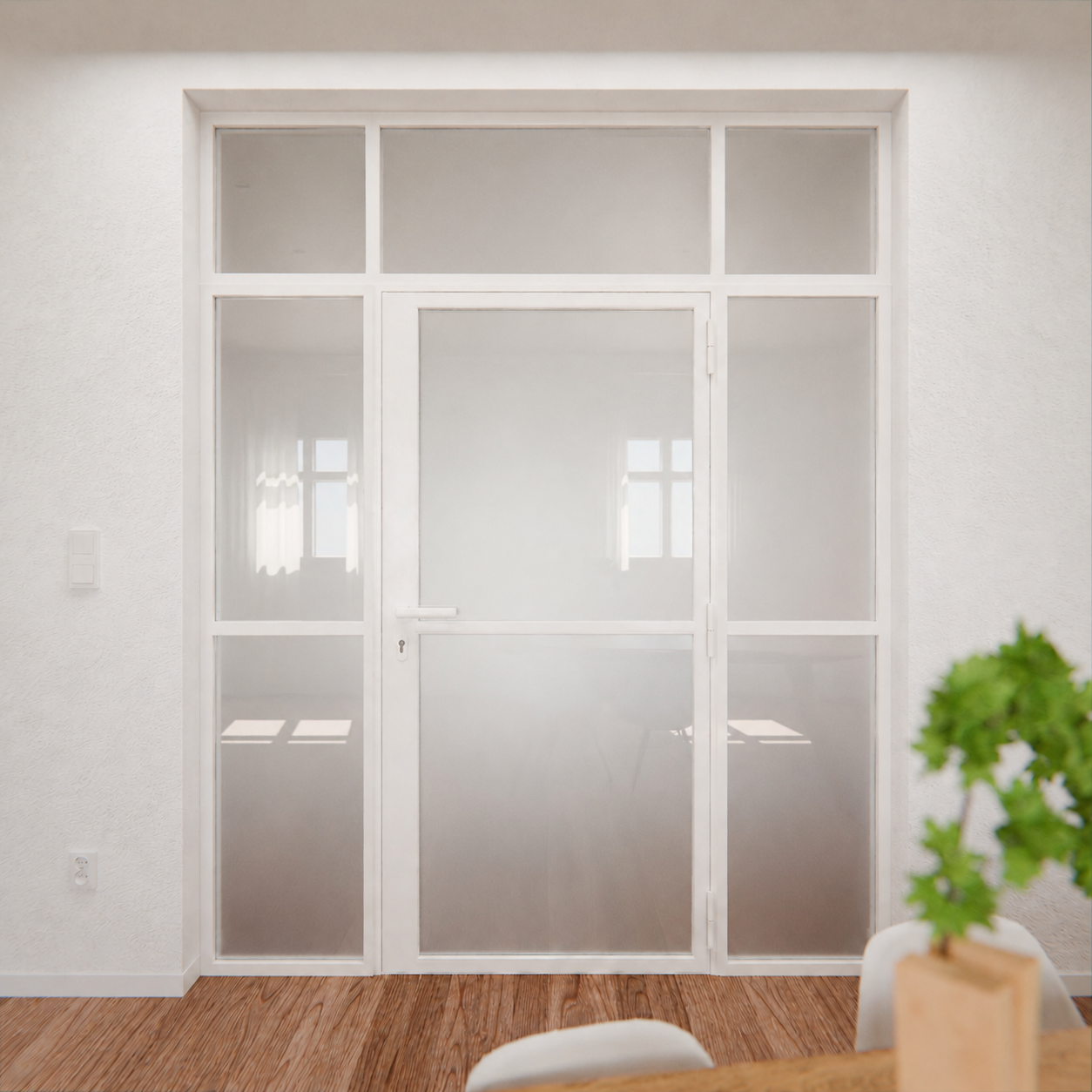 1-flg. Lofttür weiß Milchglas – LOFT1 inkl. Oberlicht und Seitenteil links & rechts - 