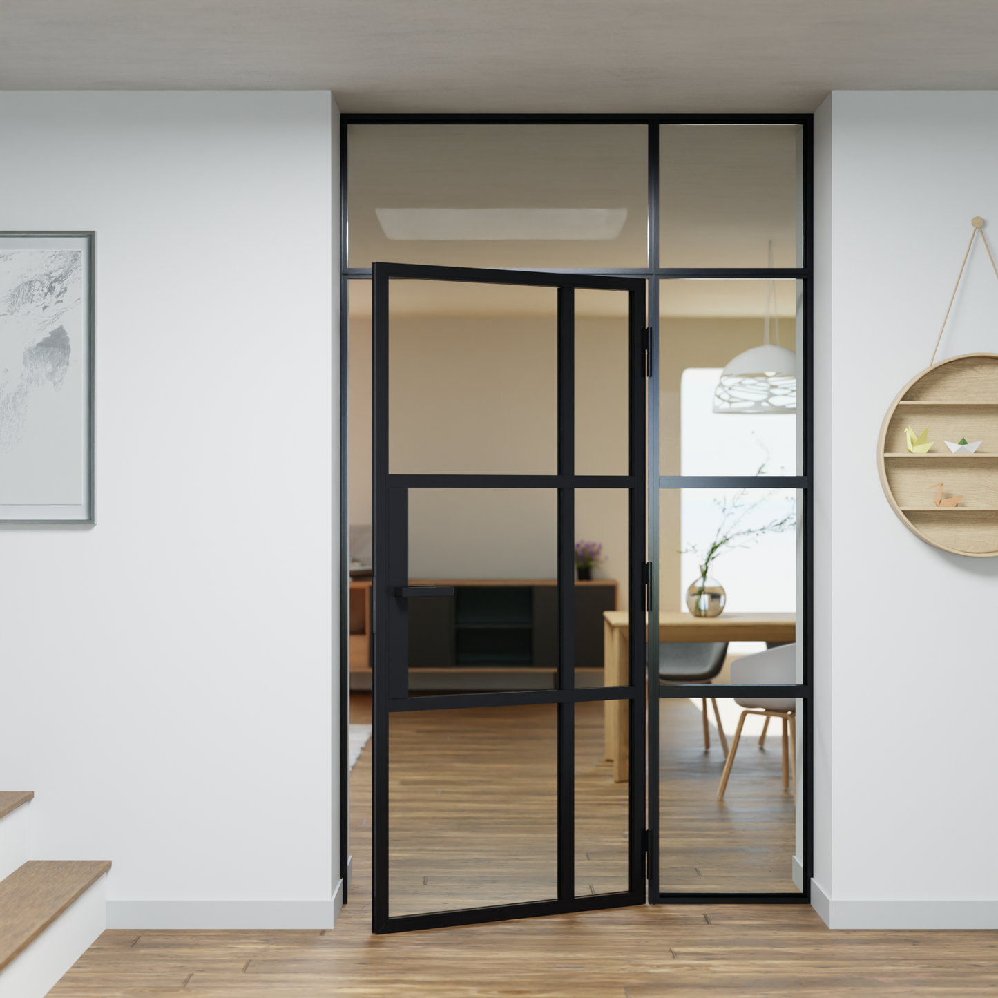 LoftTueren.shop - Lofttür LOFT10 mit Oberlicht und Seitenteil rechts - offen