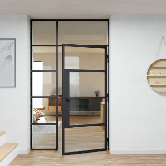 LoftTueren.shop - Lofttür LOFT5 mit Oberlicht und Seitenteil links - offen