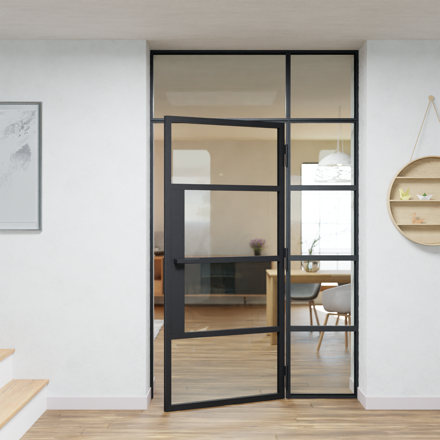 LoftTueren.shop - Lofttür LOFT5 mit Oberlicht und Seitenteil rechts - offen