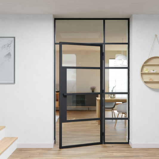 LoftTueren.shop - Lofttür LOFT5 mit Oberlicht und Seitenteil rechts - offen
