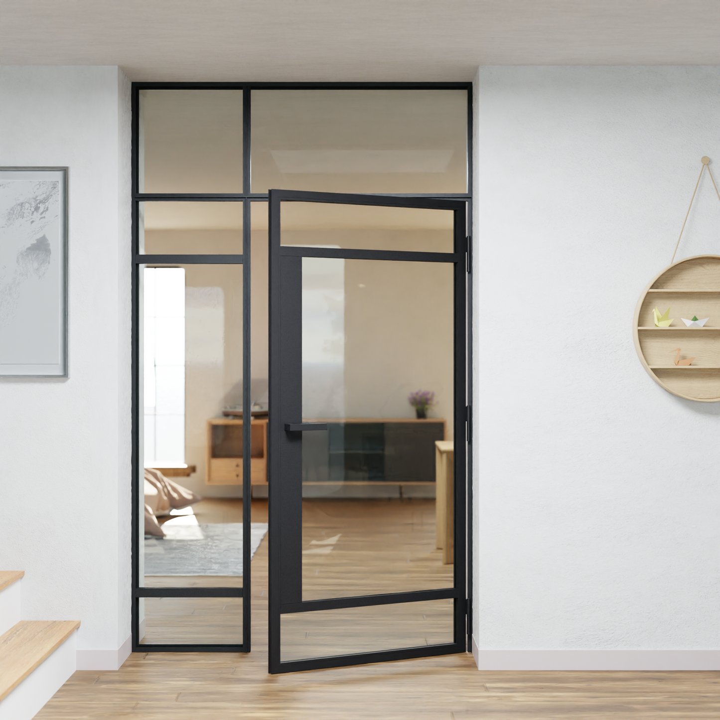 LoftTueren.shop - Lofttür LOFT7 mit Oberlicht und Seitenteil links - offen