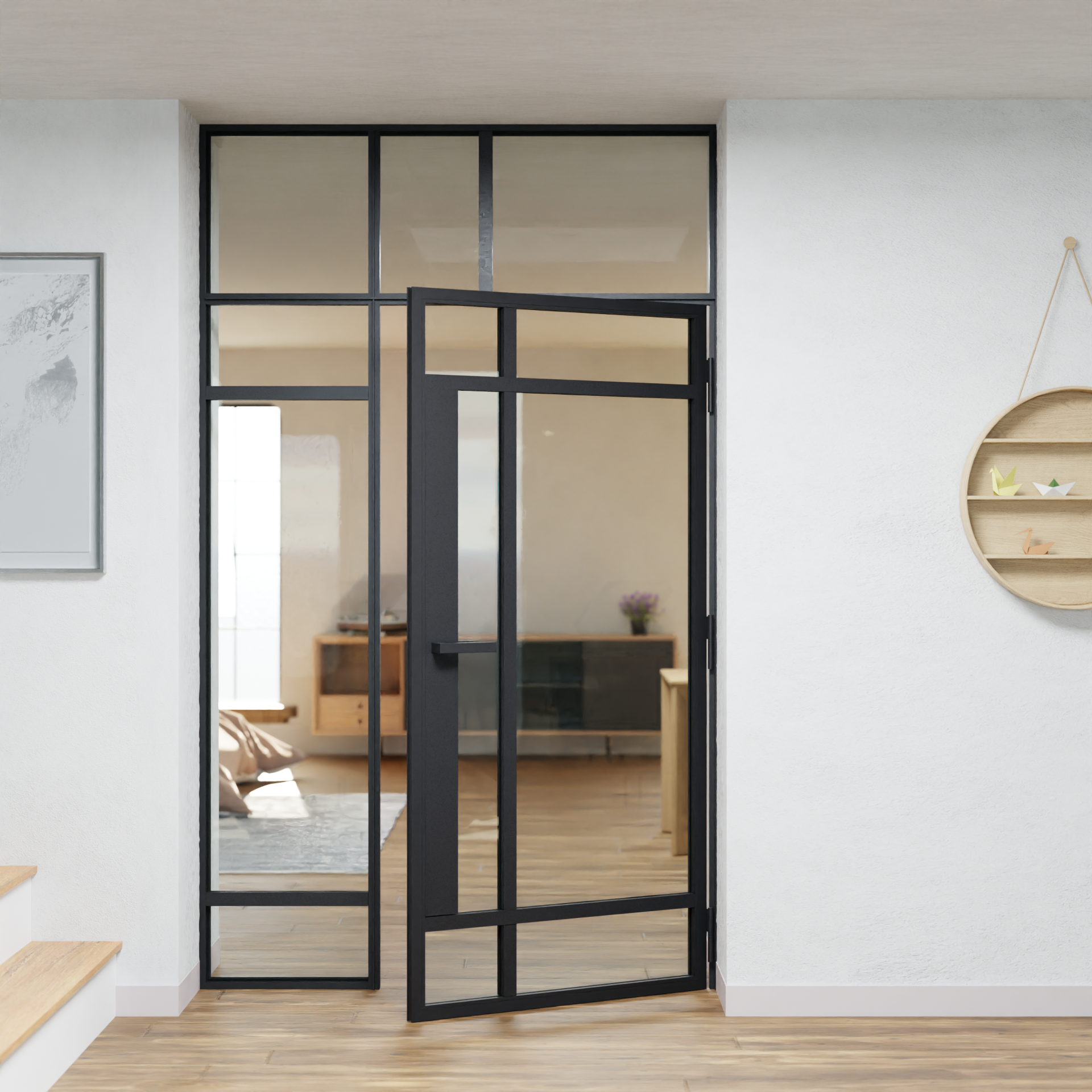 LoftTueren.shop - Lofttür LOFT8 mit Oberlicht und Seitenteil links - offen