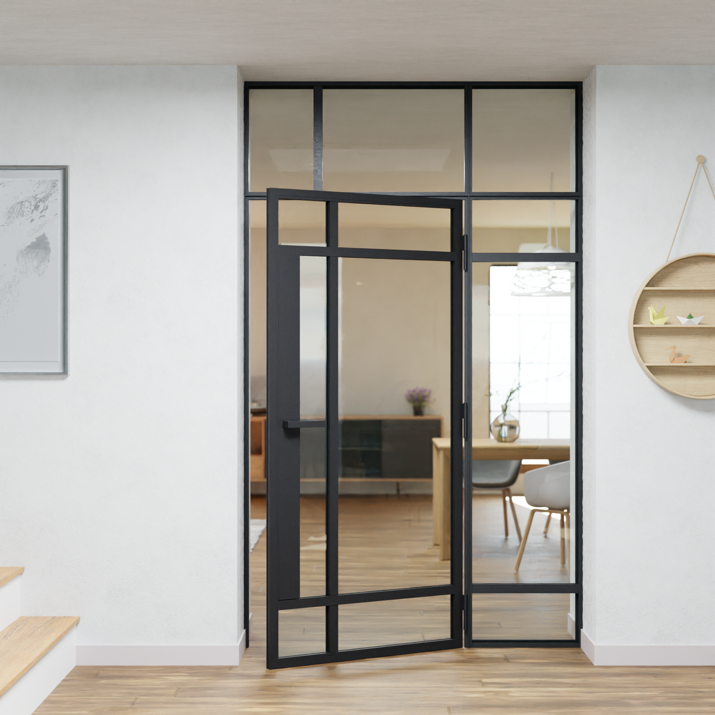 LoftTueren.shop - Lofttür LOFT8 mit Oberlicht und Seitenteil rechts - offen