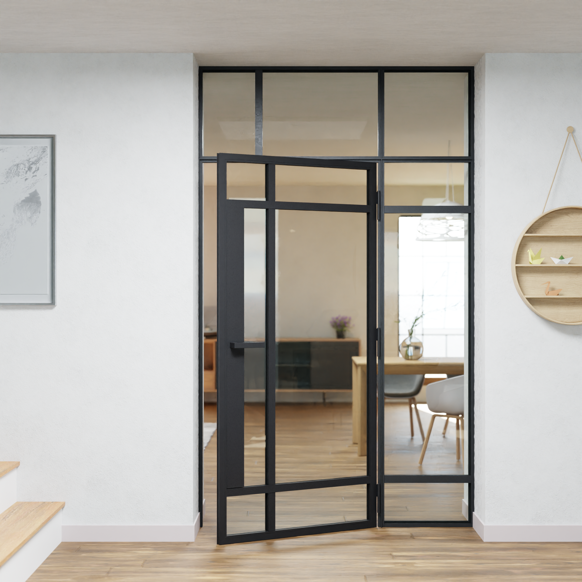 LoftTueren.shop - Lofttür LOFT8 mit Oberlicht und Seitenteil rechts - offen