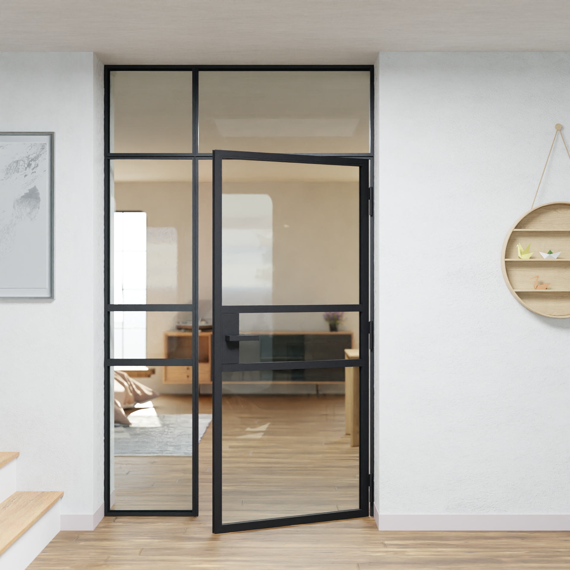 LoftTueren.shop - Lofttür LOFT9 mit Oberlicht und Seitenteil links - offen