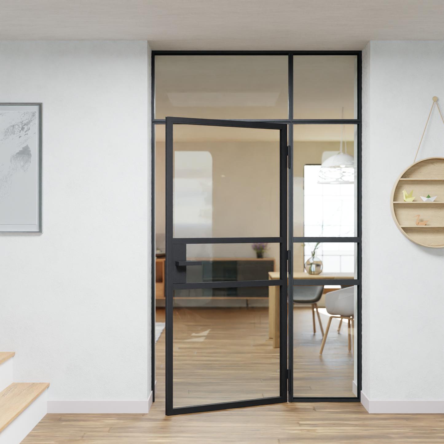 LoftTueren.shop - Lofttür LOFT9 mit Oberlicht und Seitenteil rechts - offen